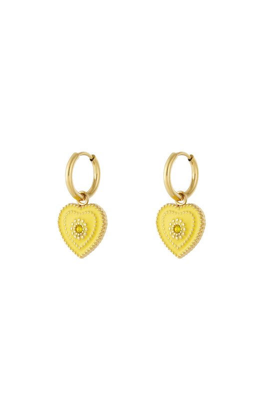 Pair of gold-tone hoop earrings with yellow heart-shaped enamel charms detailed with small central gemstones and beaded edges
