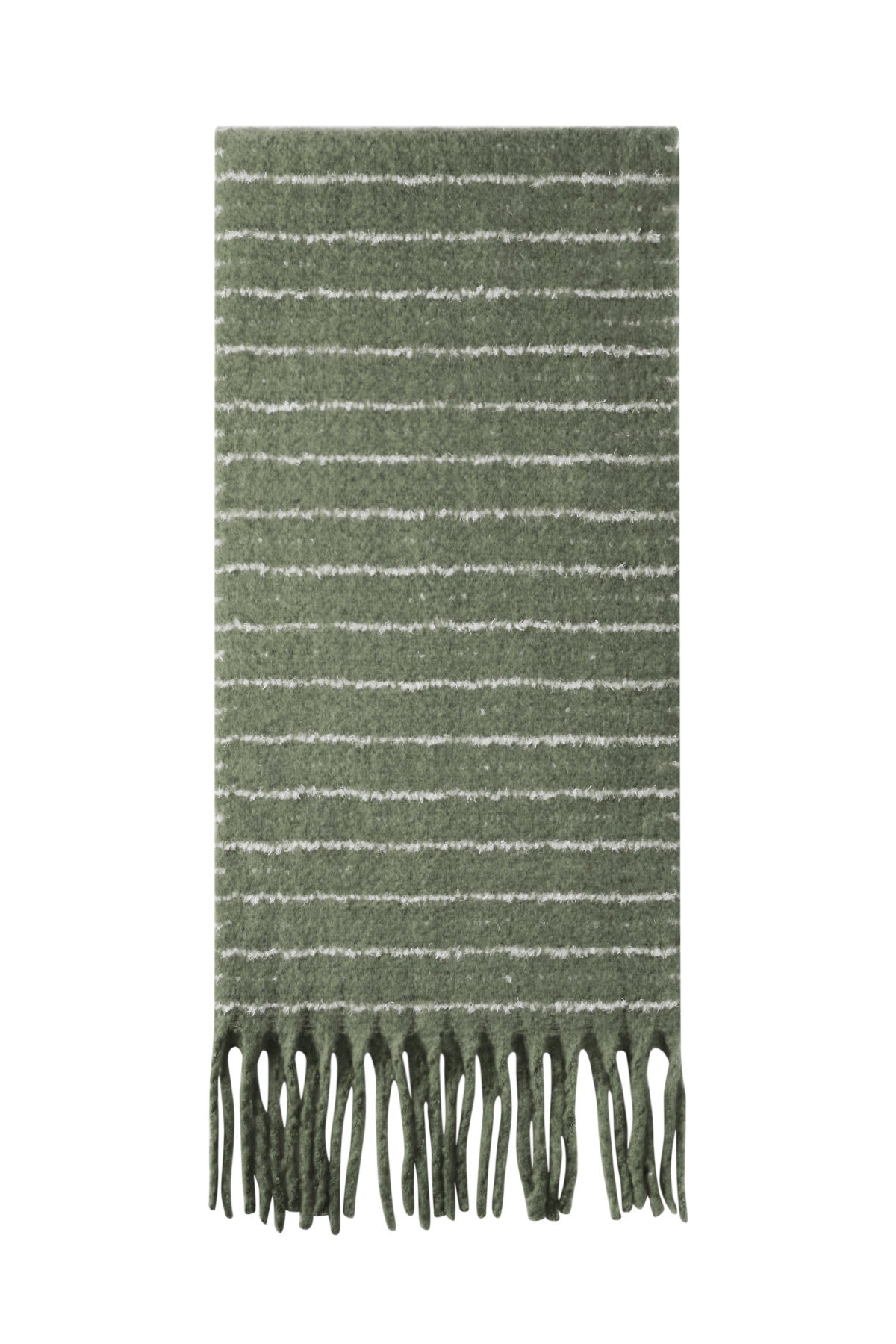 Green striped winter scarf with fringe tassels shown flat on white background