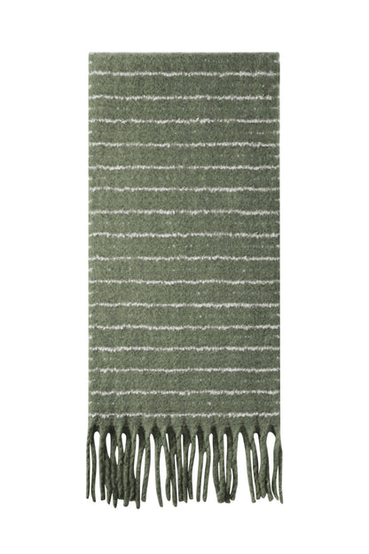 Green striped winter scarf with fringe tassels shown flat on white background
