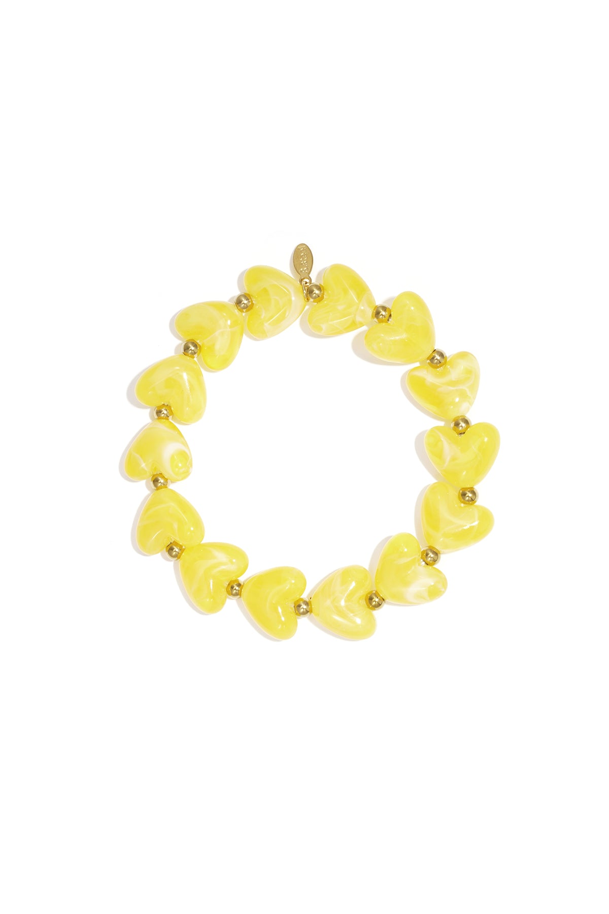 Stretch bracelet featuring yellow marbled heart beads and small gold spacer beads, on a white background.