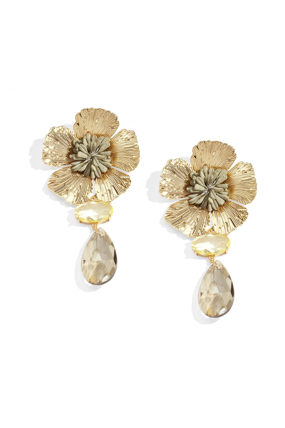 Pair of floral gold plated drop earrings with muted beige resin centers and pale champagne colored faceted crystals on white background