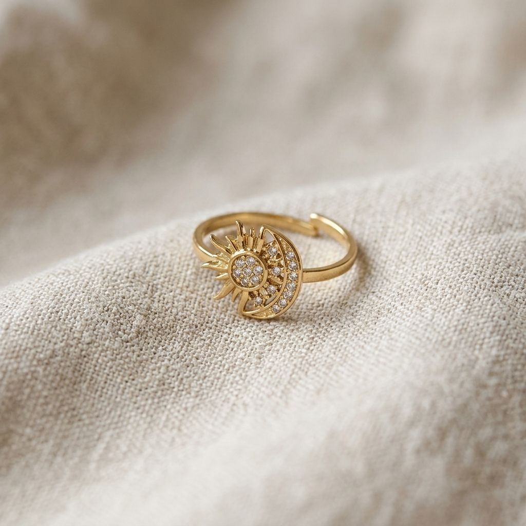 Refined 'Double The Love' ring with rhinestones on neutral fabric, highlighting its subtle sparkle and dainty design from an elevated angle.