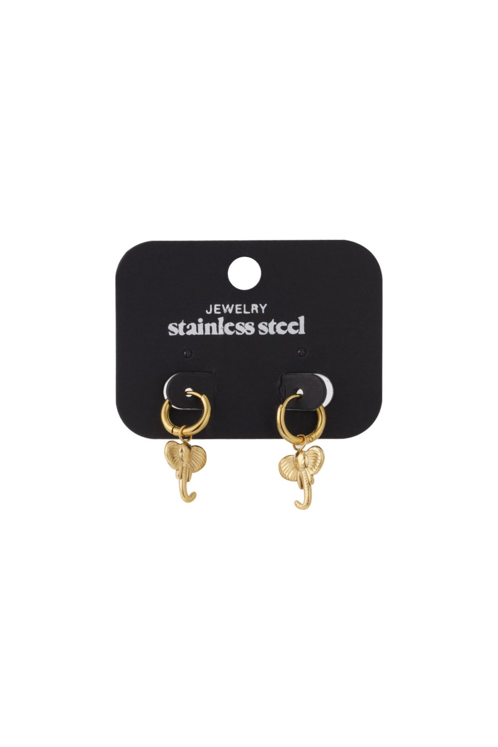 Gold-tone stainless steel hoop earrings featuring dainty elephant charms on a black display card.