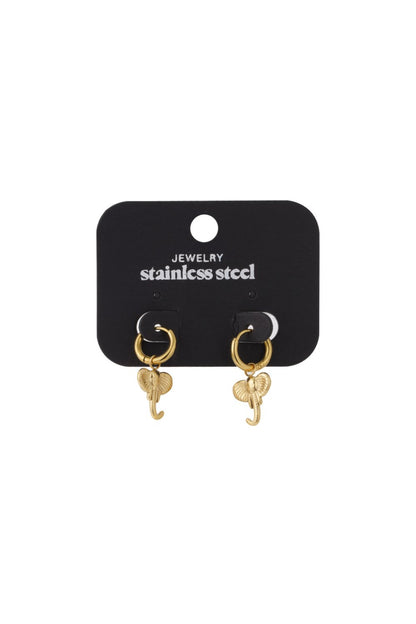 Gold-tone stainless steel hoop earrings featuring dainty elephant charms on a black display card.