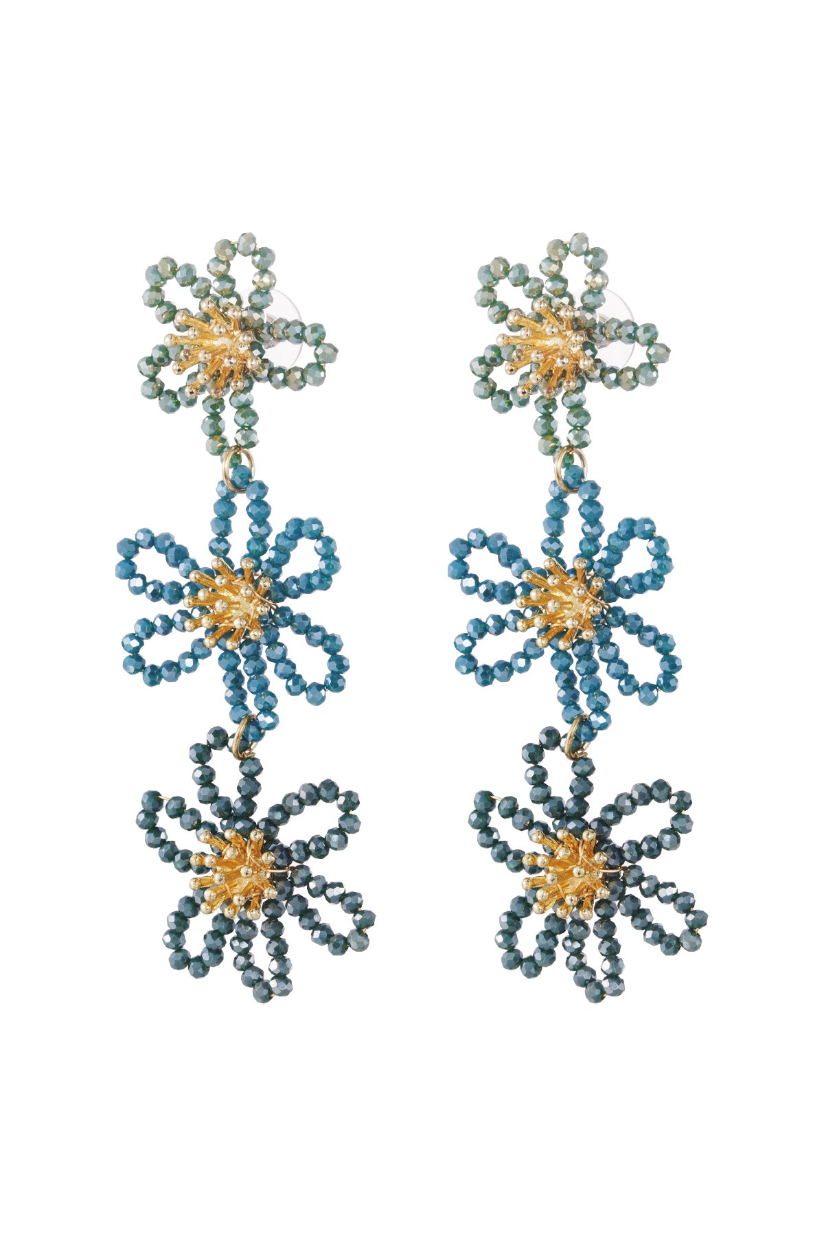 Front view of olive green floral beaded dangle earrings with golden accents