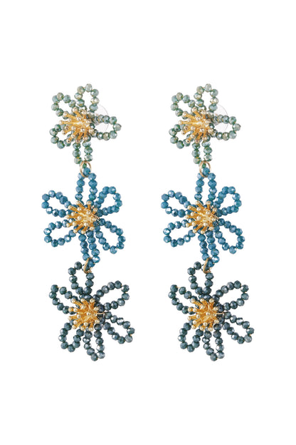 Front view of olive green floral beaded dangle earrings with golden accents