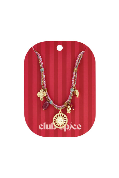Rainbow Charm Era: Necklace on braided pink cord featuring gold sun, leaf, and red beaded charms.