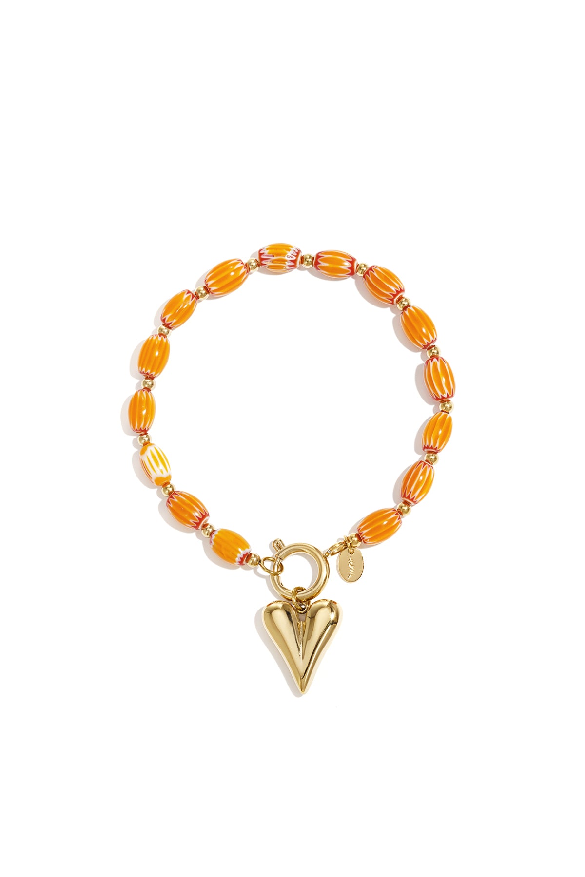 Orange and white striped beaded bracelet with gold-tone heart charm on white background