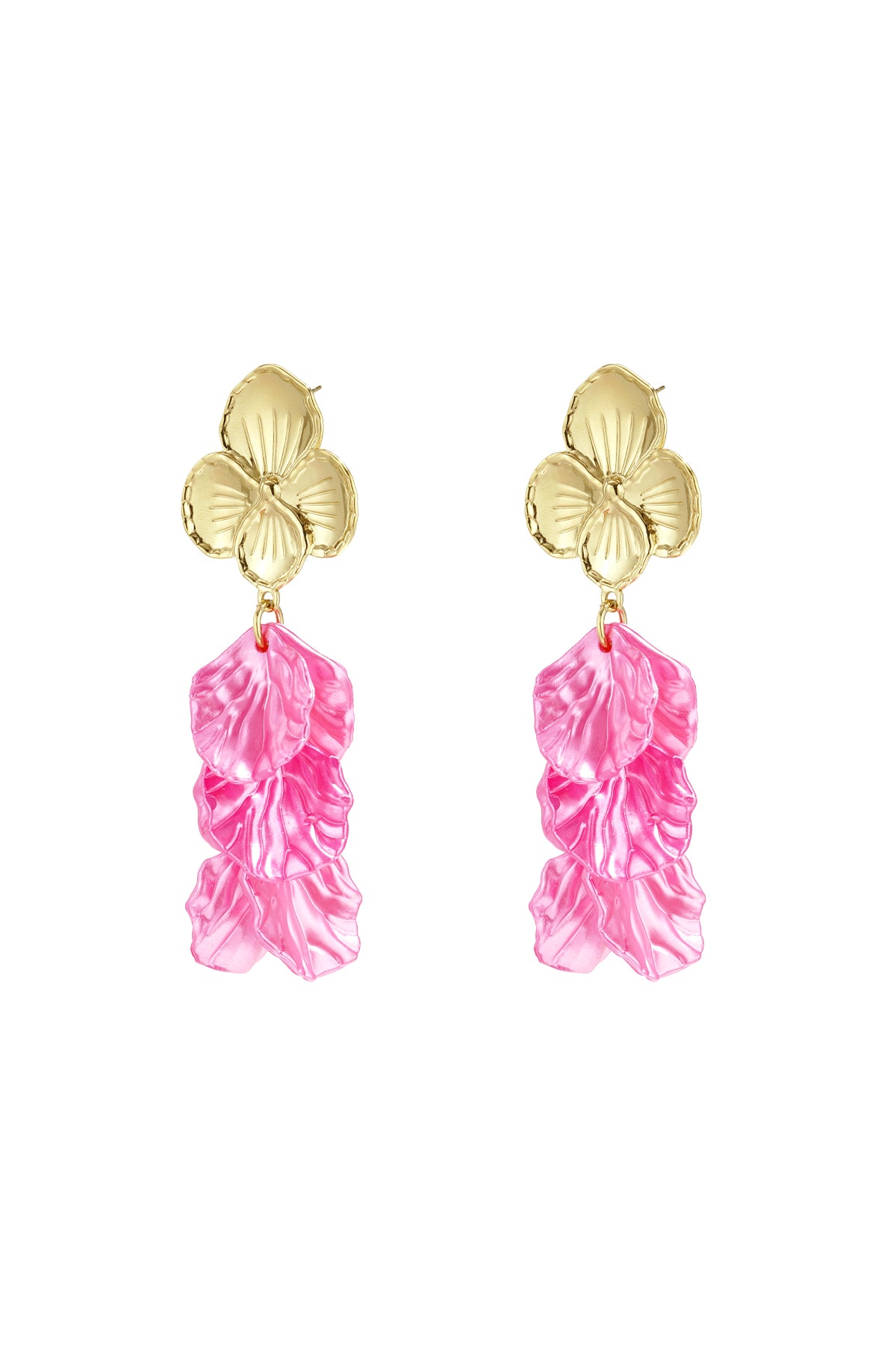 Pair of gold-tone floral drop earrings with cascading pink iridescent plastic petals on white background