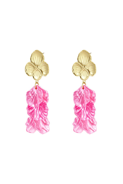 Pair of gold-tone floral drop earrings with cascading pink iridescent plastic petals on white background