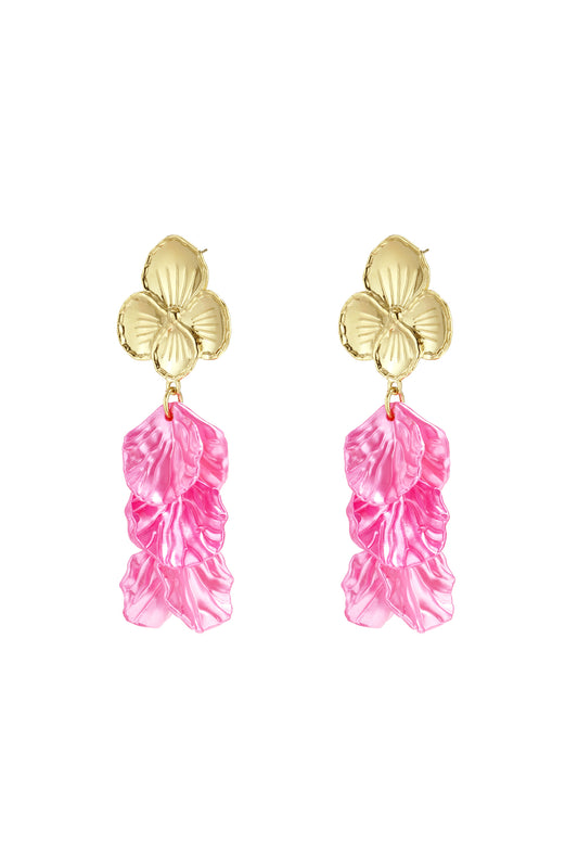Pair of gold-tone floral drop earrings with cascading pink iridescent plastic petals on white background