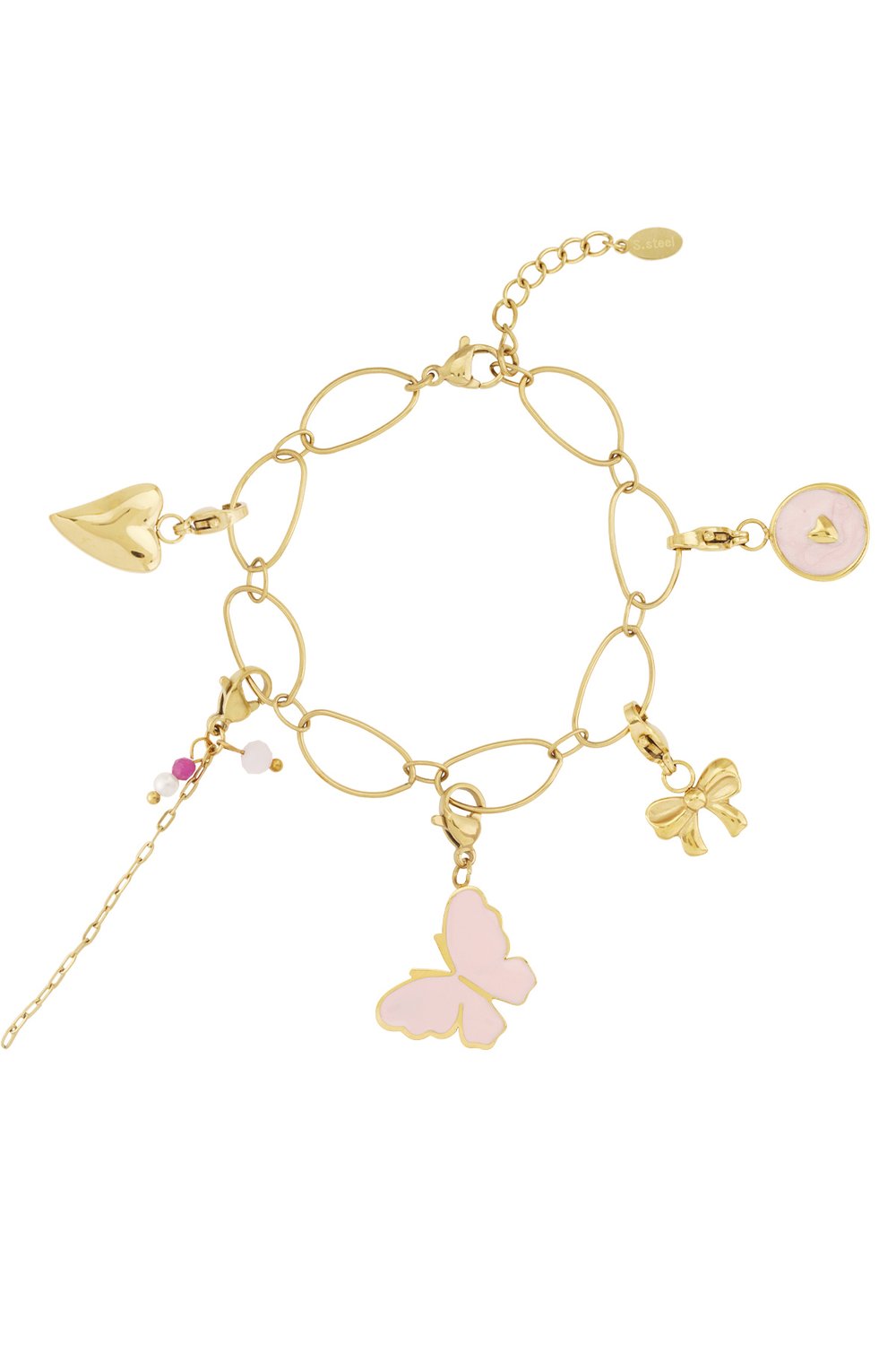 Gold link charm bracelet featuring pink butterfly, bow, heart, and pearl charms on an adjustable chain.