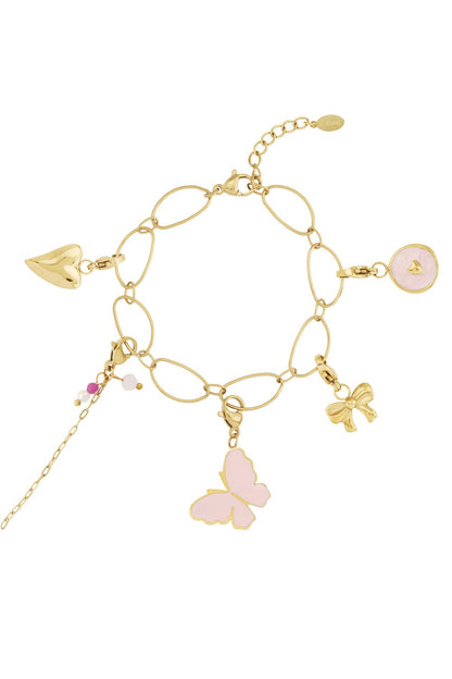 Gold link charm bracelet featuring pink butterfly, bow, heart, and pearl charms on an adjustable chain.