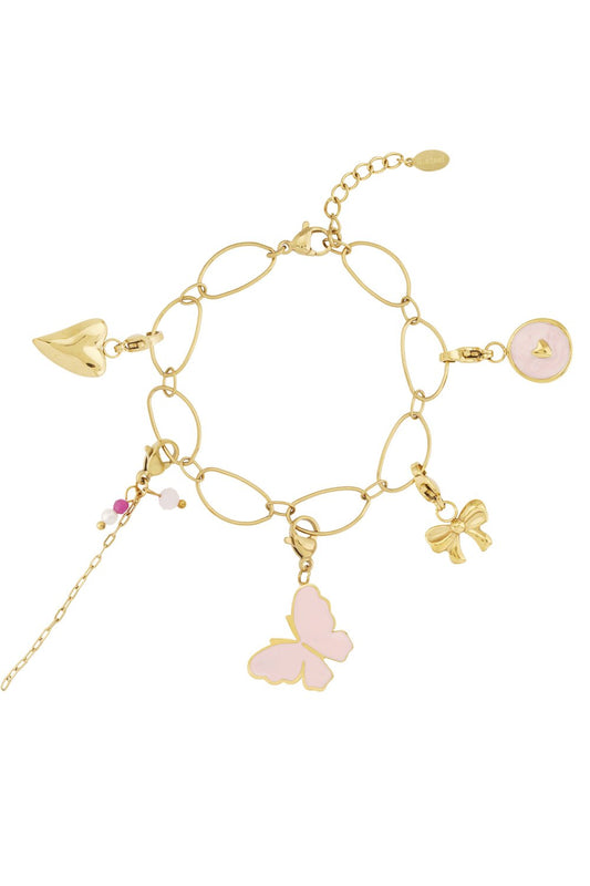 Gold link charm bracelet featuring pink butterfly, bow, heart, and pearl charms on an adjustable chain.