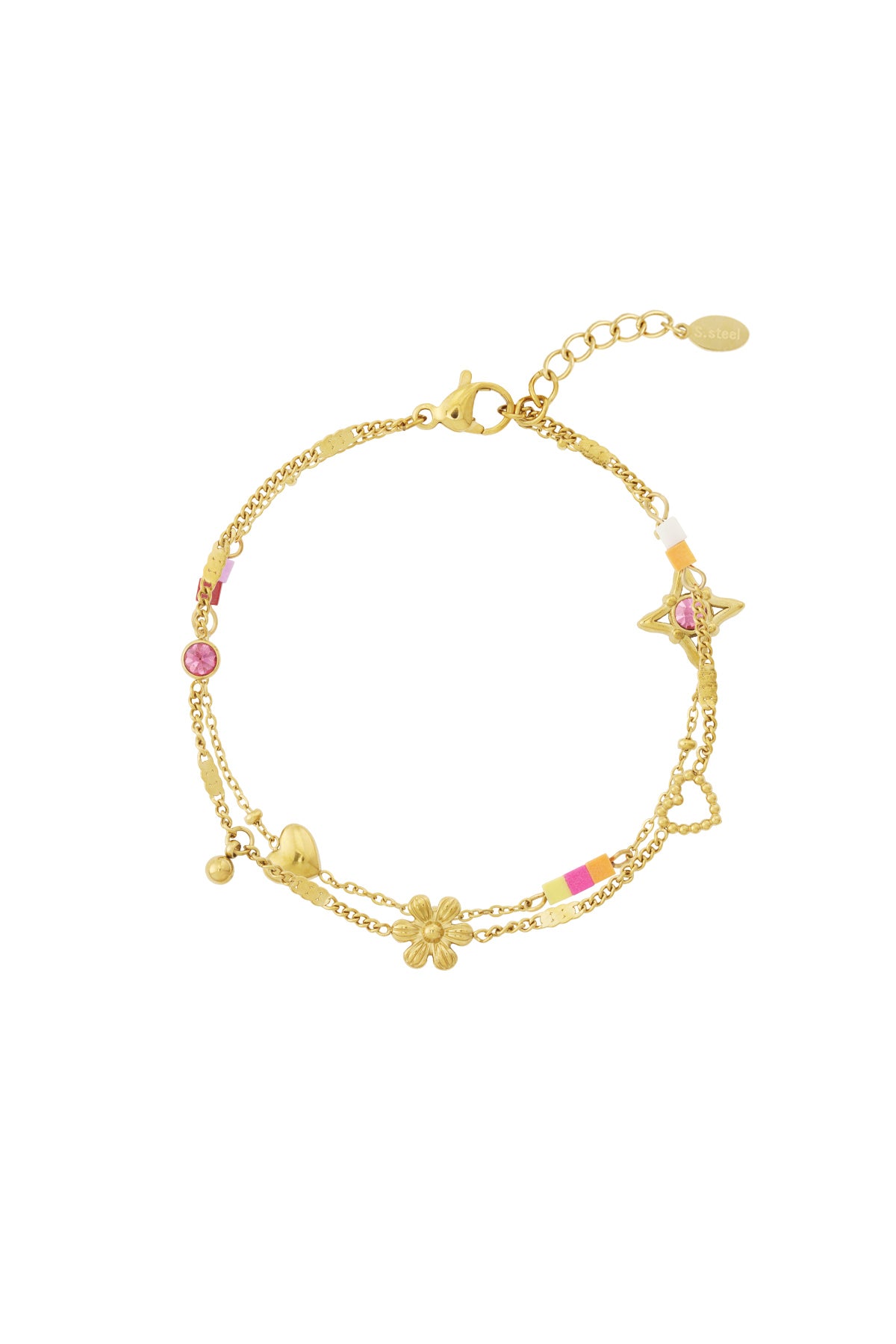 Gold-tone double chain charm bracelet with flower, heart, and star charms with pink crystal and colorful enamel beads.