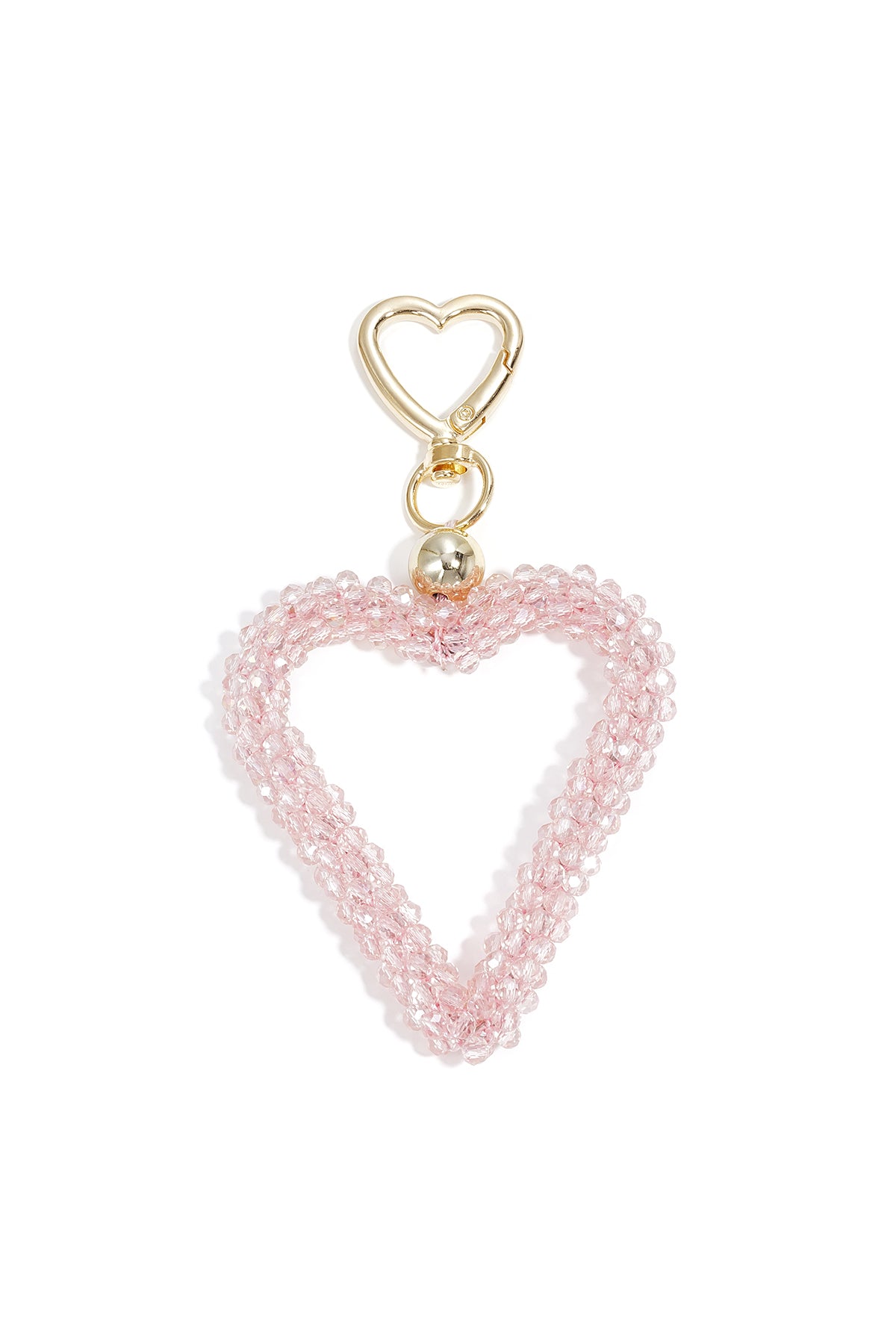 Pink beaded heart keychain with gold heart-shaped clasp on white background