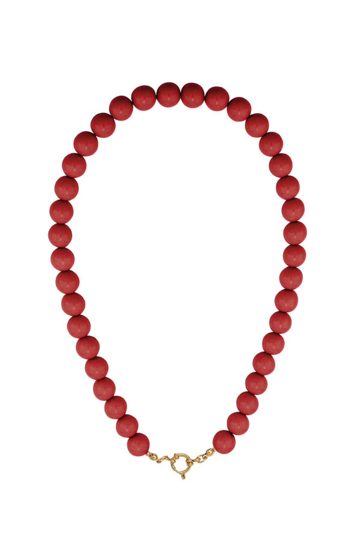 Single strand necklace with glossy cream resin beads and gold spring ring clasp on white background