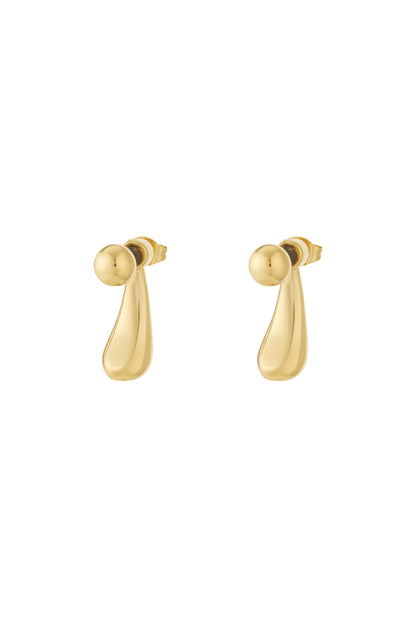 Pair of polished gold teardrop stud earrings with a smooth, minimalist design on white background