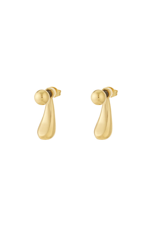Pair of polished gold teardrop stud earrings with a smooth, minimalist design on white background