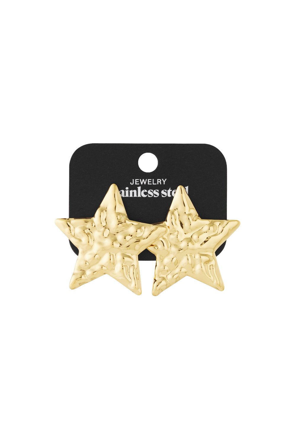 Cosmic Glitch gold-tone star stud earrings with a textured, hammered finish on a black stainless steel display card.