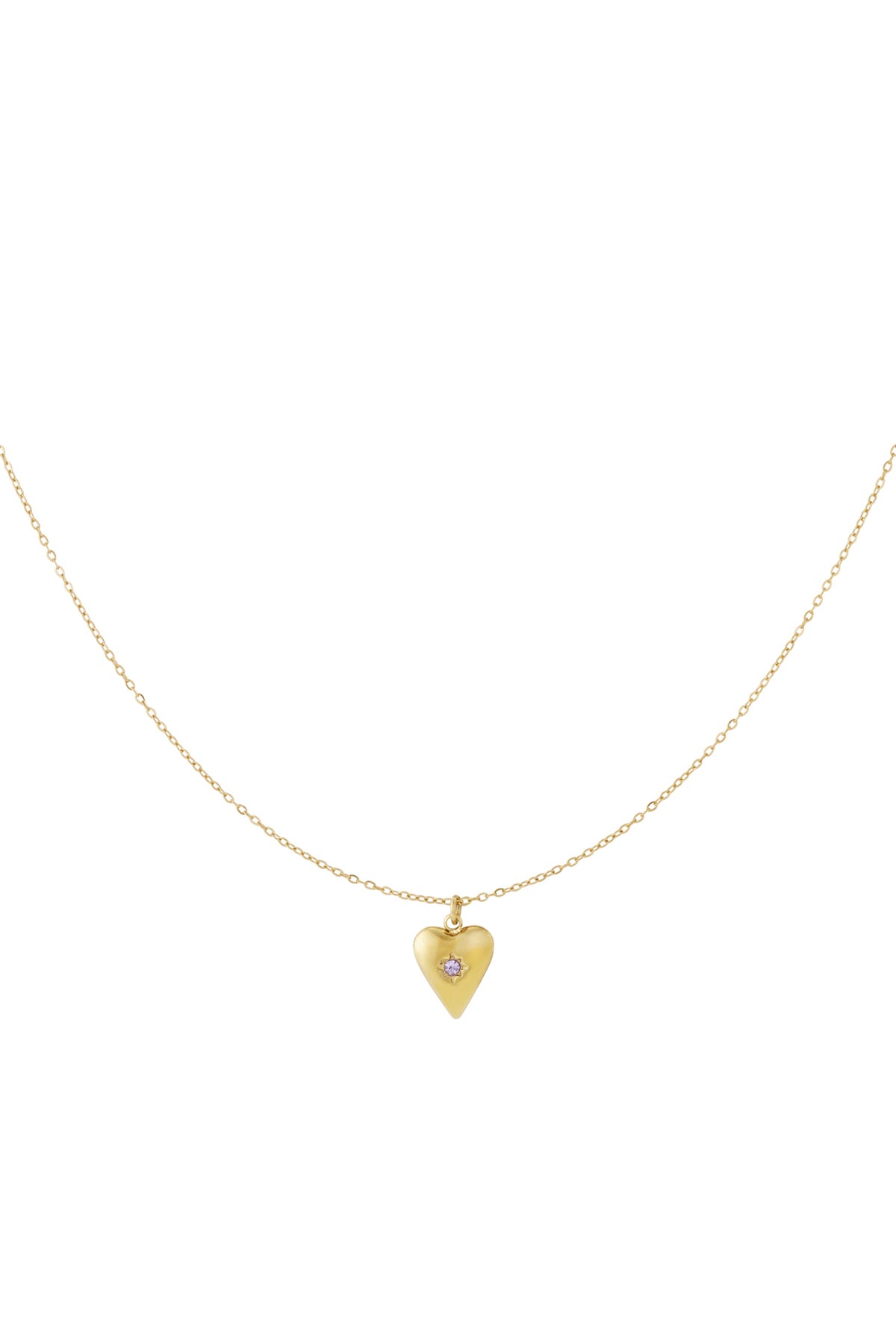 Gold heart pendant necklace with lavender light purple birthstone displayed on white background