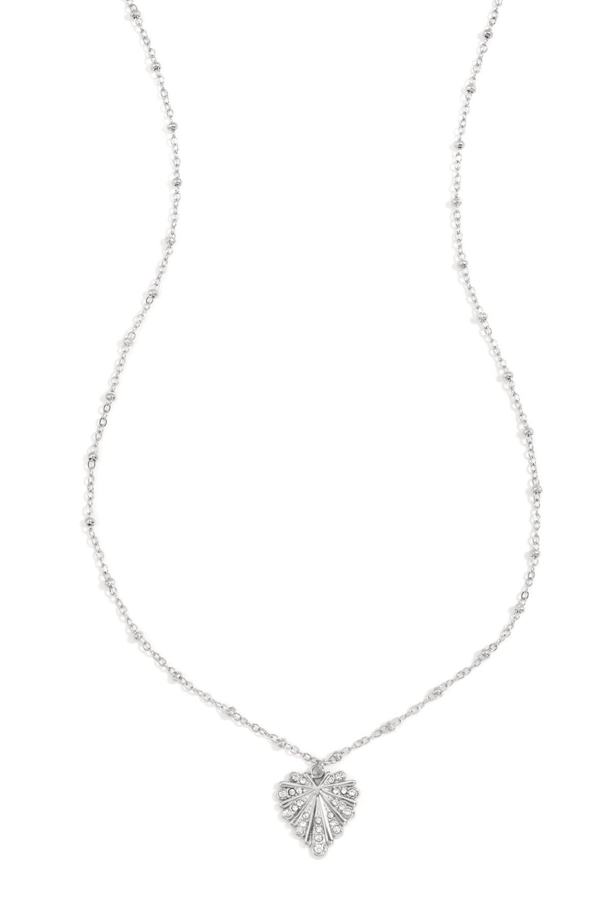 Silver crystal leaf pendant necklace with beaded chain on white background