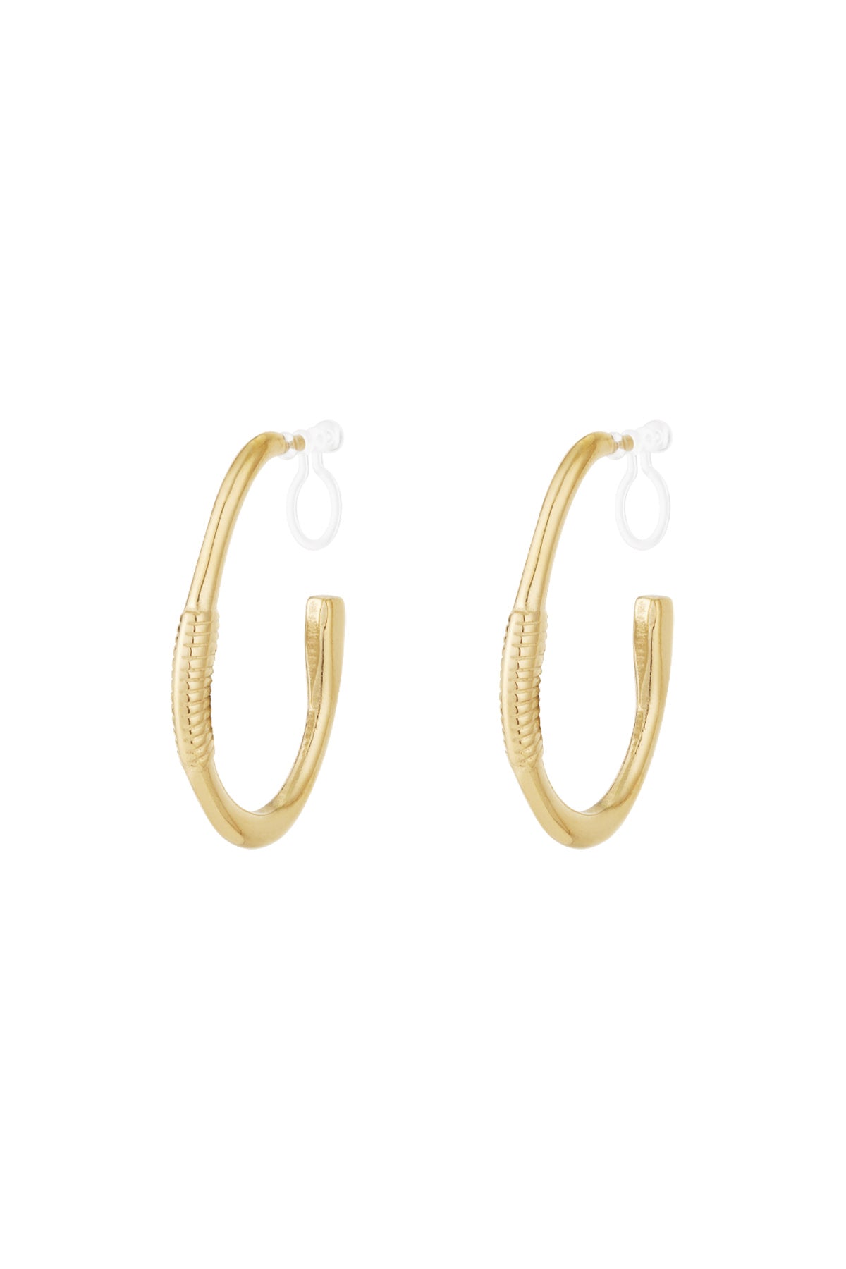 Pair of gold textured hoop clip-on earrings on white background