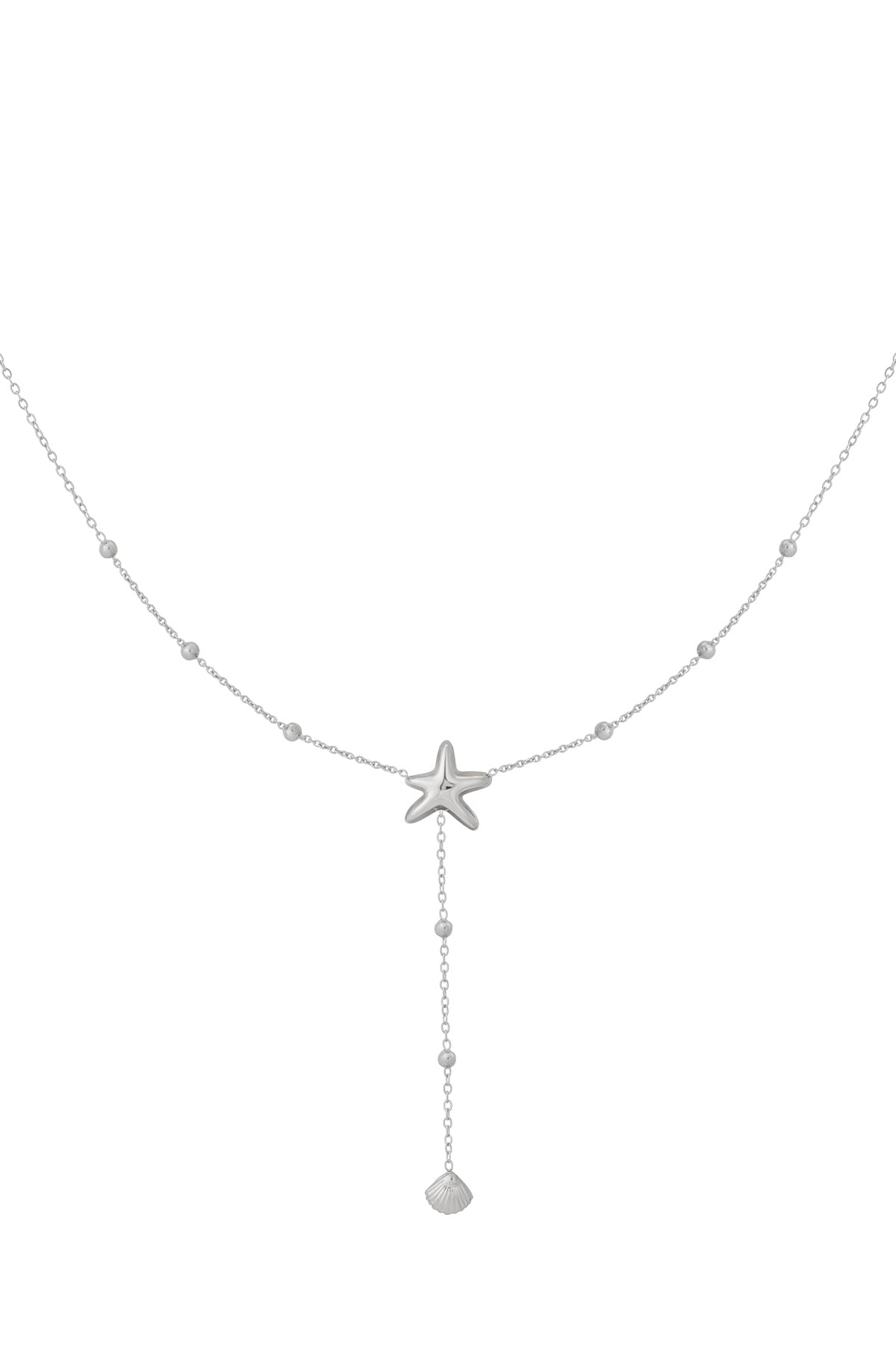 Silver starfish dangle necklace with delicate bead chain and shell charm on white background
