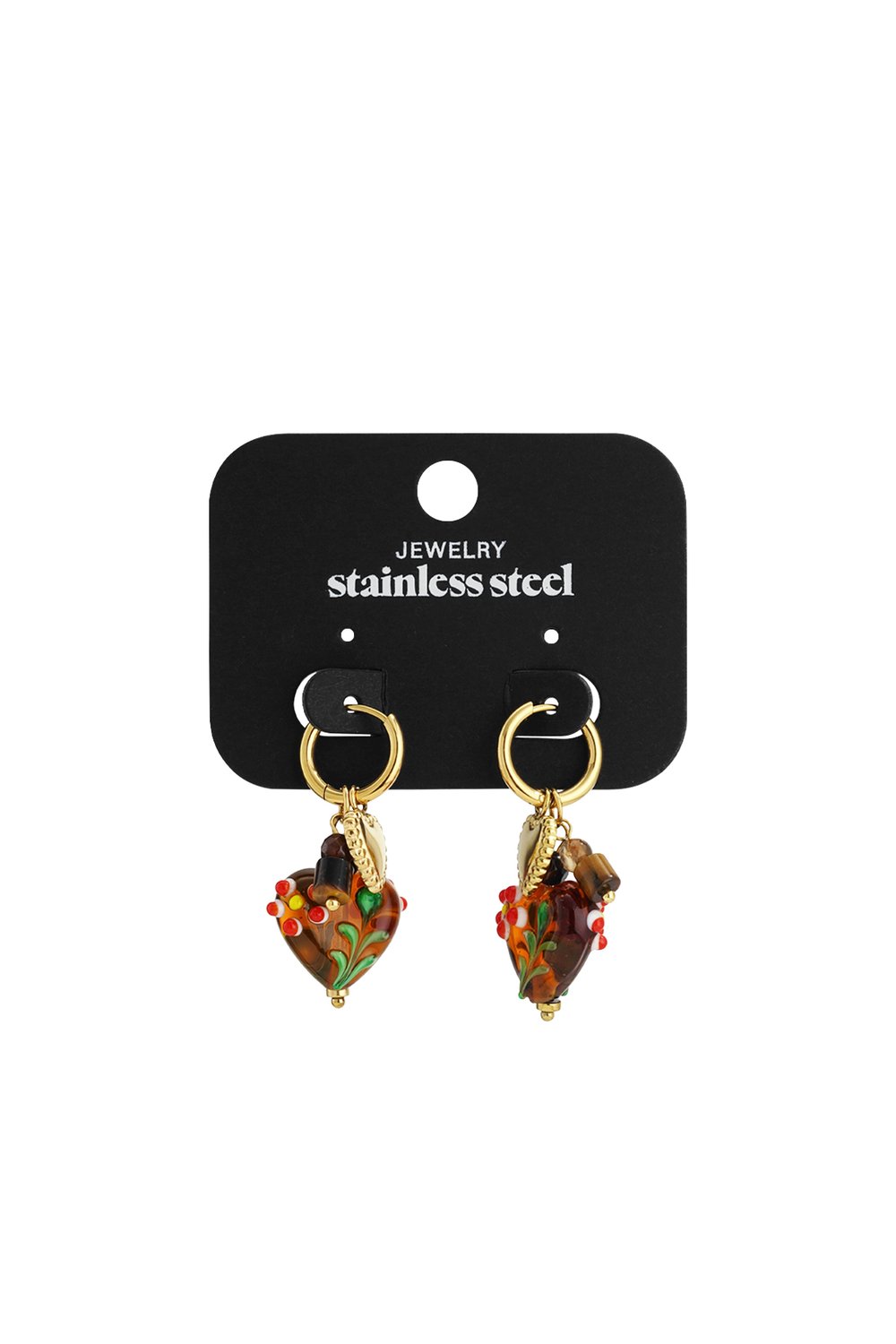 Vintage-style gold stainless steel hoop earrings with colorful floral heart charms and decorative beads.