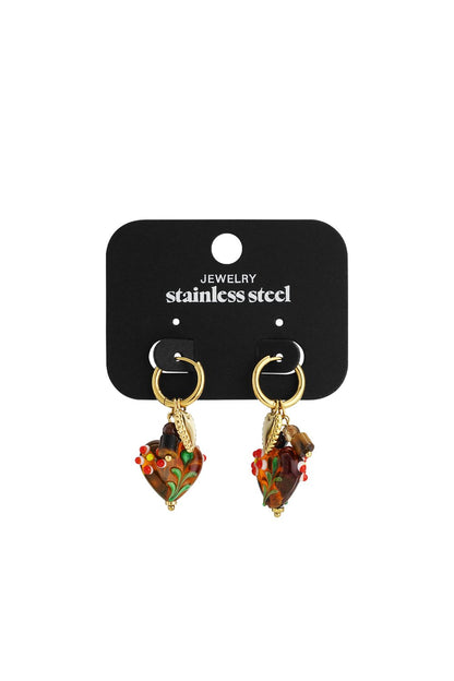 Vintage-style gold stainless steel hoop earrings with colorful floral heart charms and decorative beads.