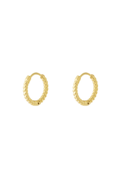 Pair of gold twisted rope hoop earrings on white background