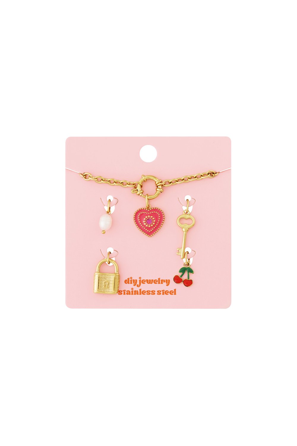 Gold chain bracelet kit with heart, lock, key, cherry, and pearl charms on a pink display card.