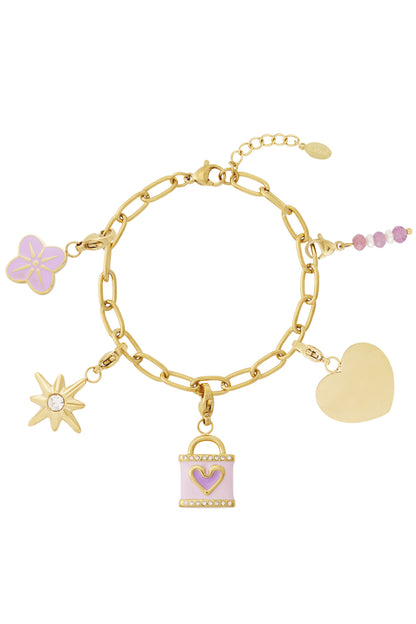 Gold chain charm bracelet with five charms including pastel lilac flower, star with crystal, pastel lock with heart, heart pendant, and pink bead charm