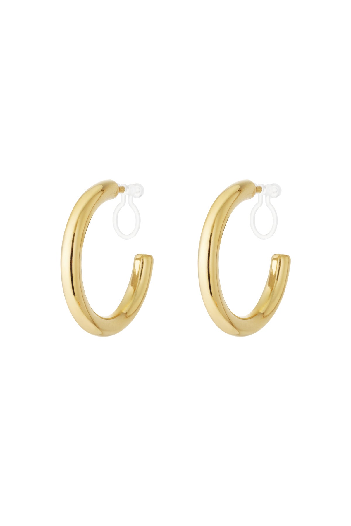 Pair of glossy chunky gold hoop clip-on earrings displayed on white background