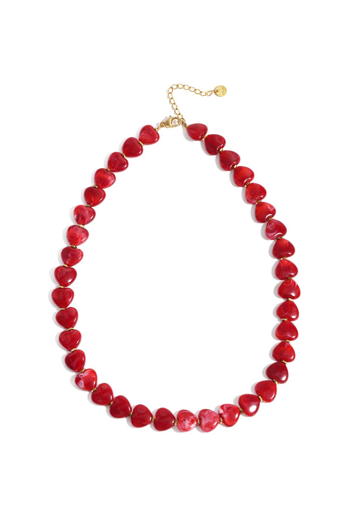 Top view of a red acrylic beaded necklace with heart-shaped beads and gold lobster clasp on white background