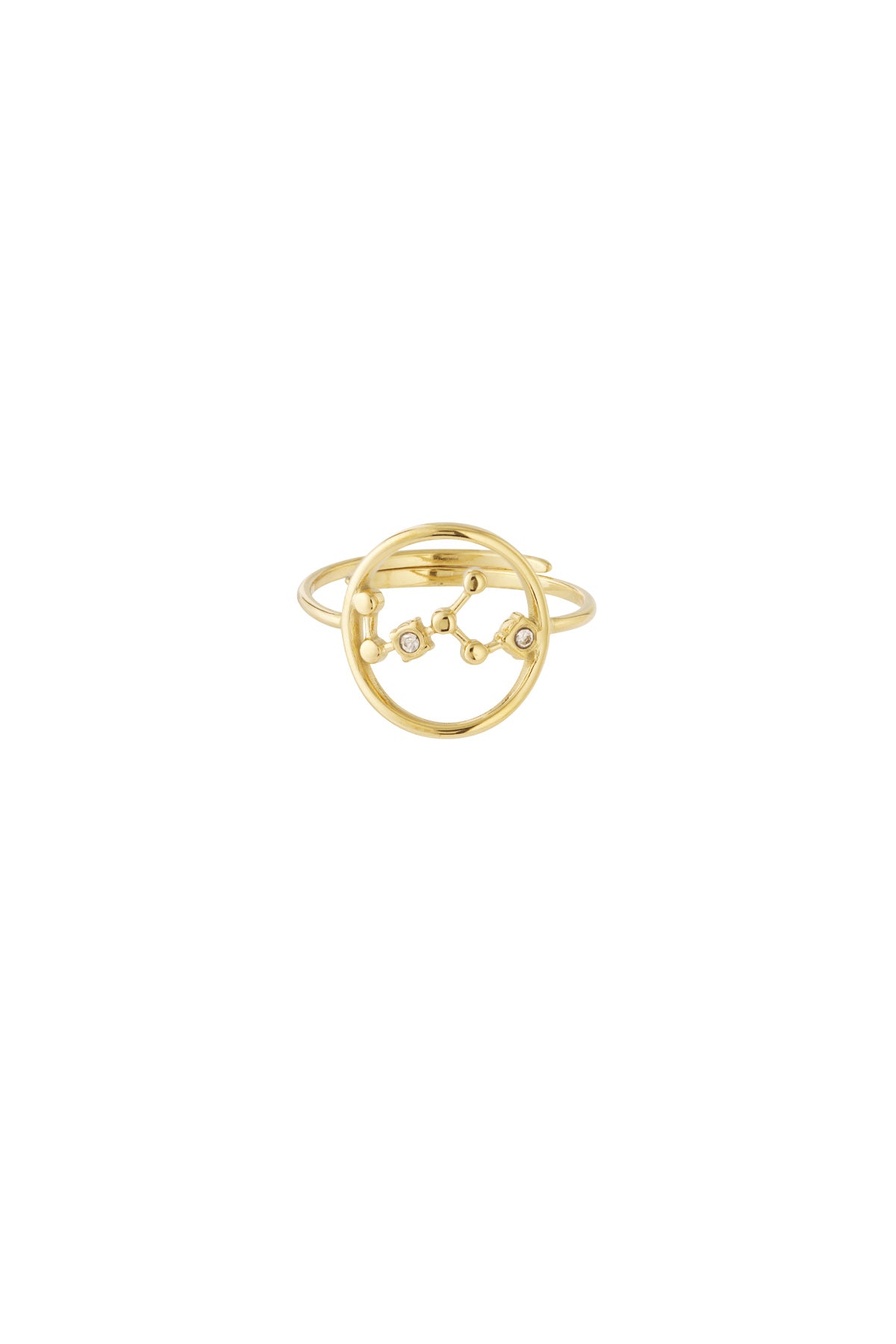 Angle showing constellation pattern formed with small gold balls and rhinestones on ring