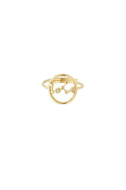 Angle showing constellation pattern formed with small gold balls and rhinestones on ring