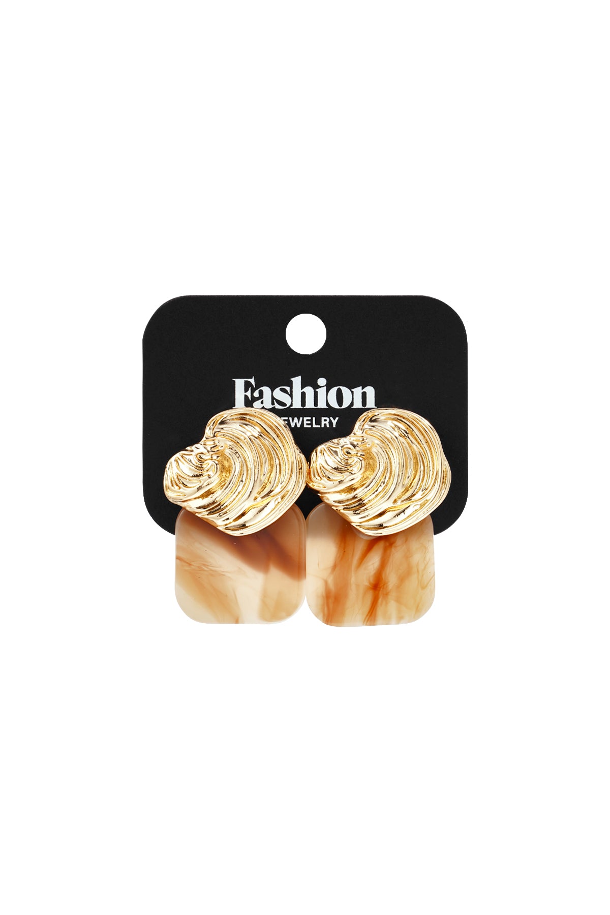 Gilded Glitch Hoops: gold, textured swirl studs attached to smooth, square, cream and tan marbled resin dangles.