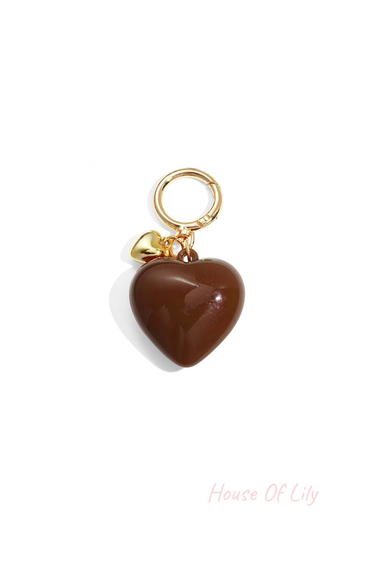 Glossy chocolate brown heart-shaped acrylic bag charm with gold alloy ring and tiny heart charm