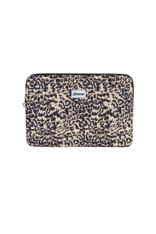 Quilted leopard print laptop sleeve with zip closure and star charm