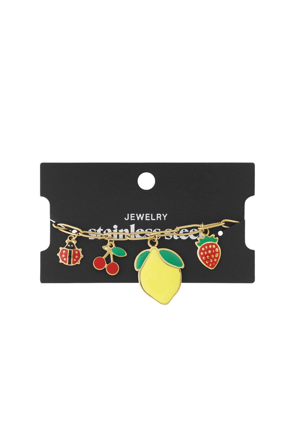 Gold stainless steel link bracelet featuring colorful enamel charms: ladybug, cherries, lemon, and strawberry.