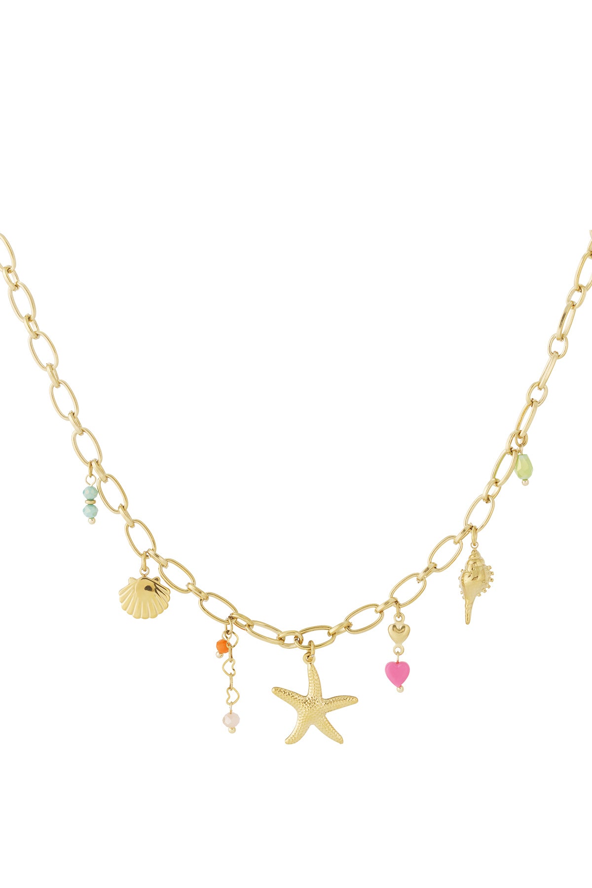 Gold-tone charm necklace with starfish, shell, sea snail charms and colourful beads on white background