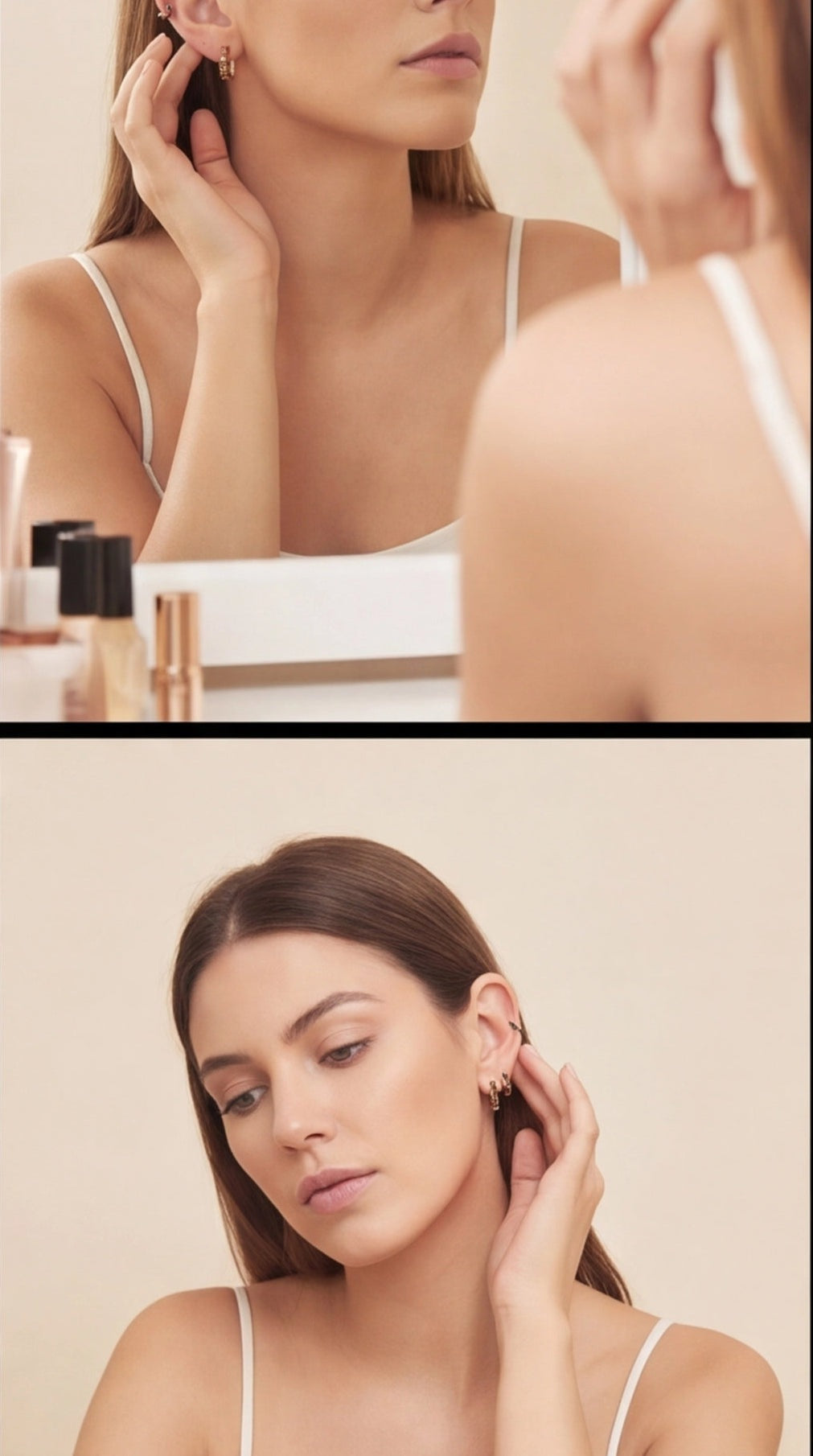 Woman adjusting earrings in front of a mirror with a neutral background
