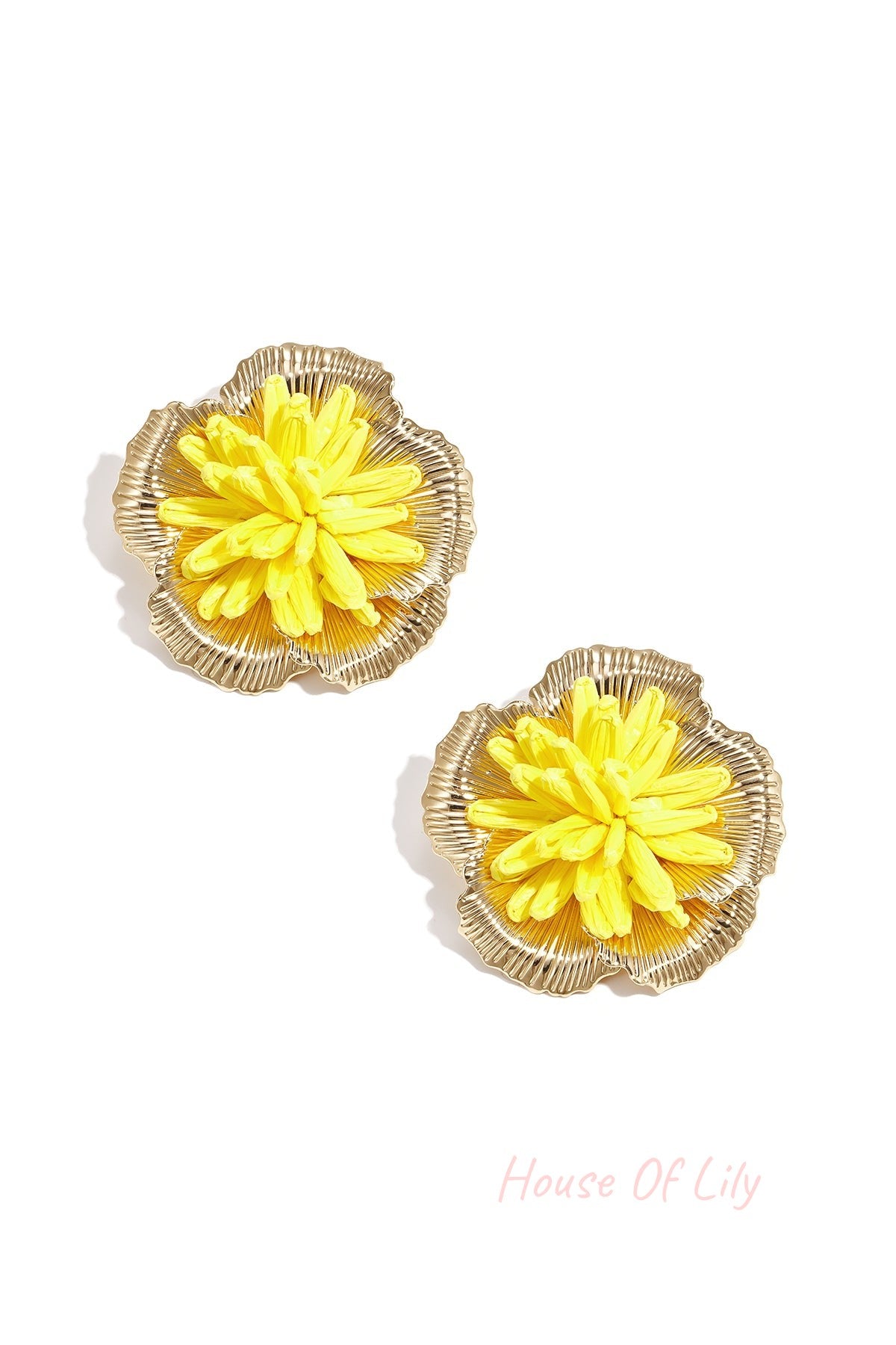 Pair of yellow 3D raffia flower stud earrings with gold-tone metal framing on white background