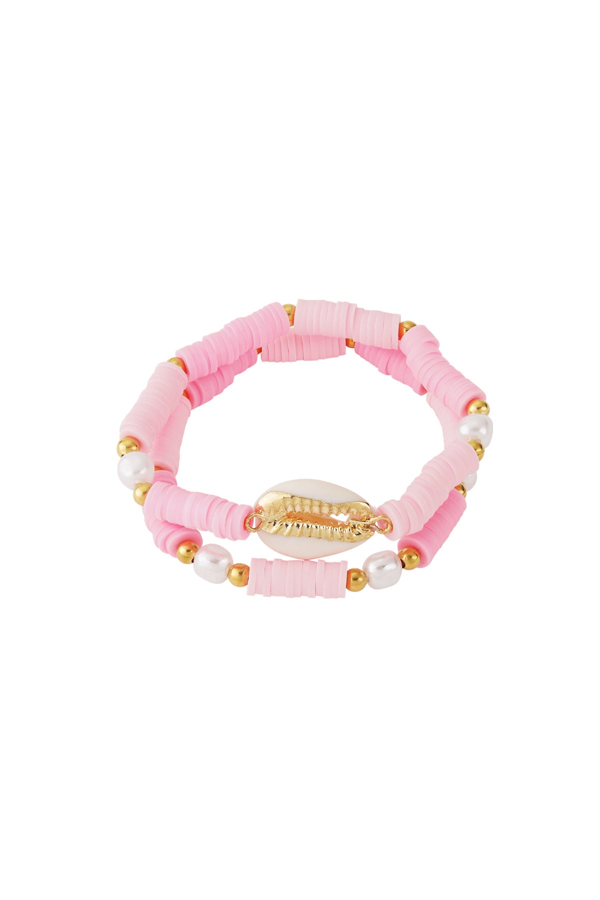 Pink shell beaded bracelet set made of soft polymer discs, gold-tone beads, and faux pearls on white background