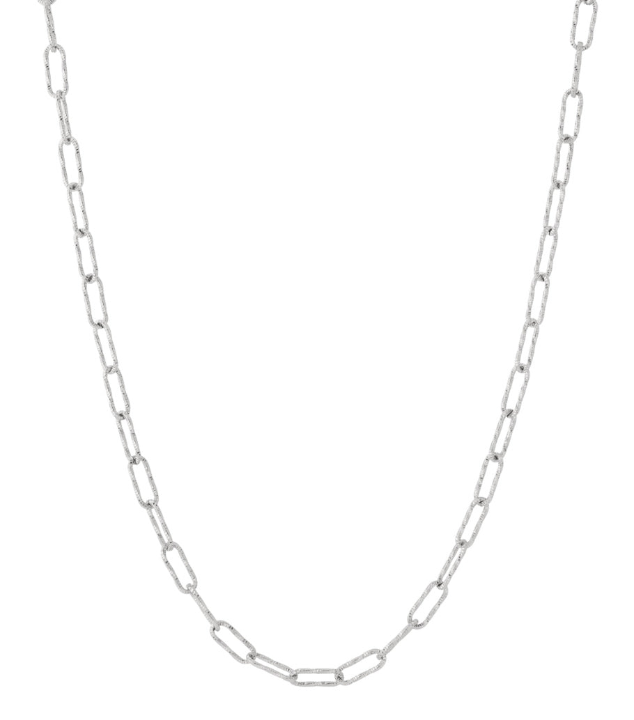Silver textured link chain necklace laid flat on white background, showing its clean minimalist design