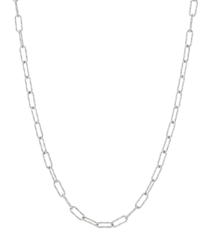 Silver textured link chain necklace laid flat on white background, showing its clean minimalist design