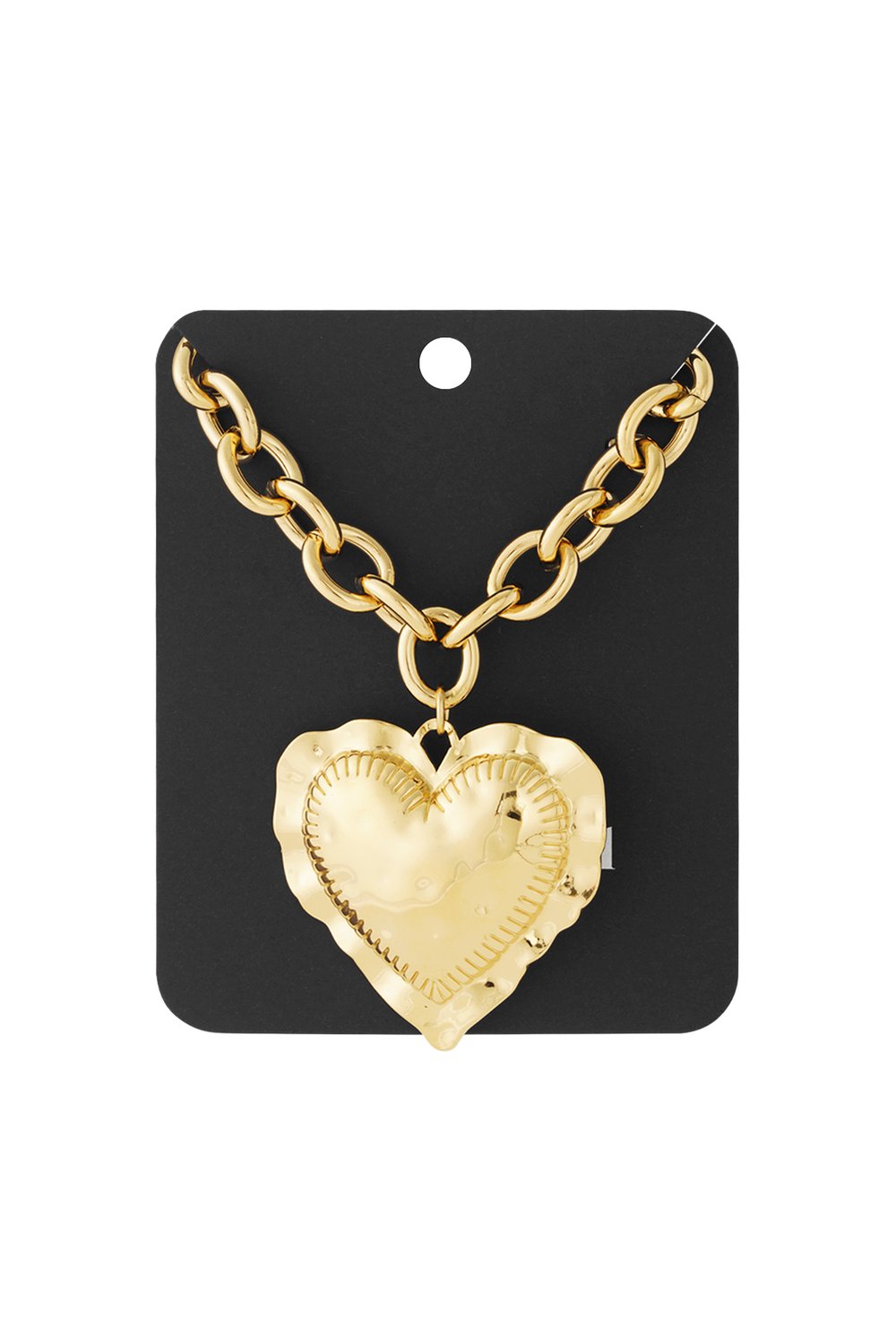 Gold-tone chunky heart pendant necklace featuring a textured, scalloped-edge heart on a thick link chain.