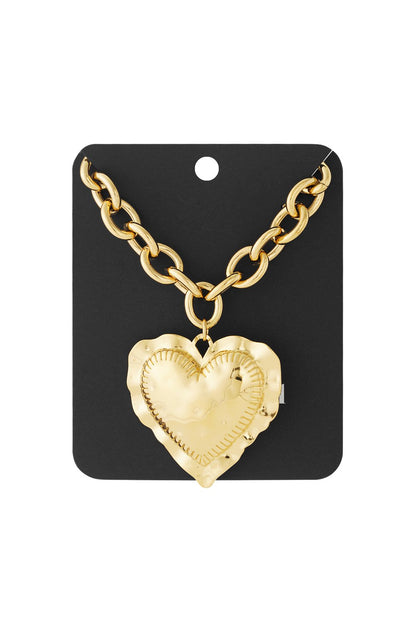 Gold-tone chunky heart pendant necklace featuring a textured, scalloped-edge heart on a thick link chain.