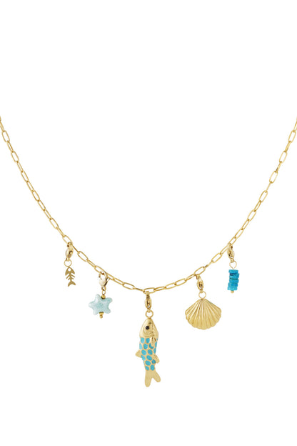 Gold-plated chain necklace with five attached sea-themed charms including turquoise-accented fish, gold shell, blue starfish, blue stone beads, and gold fishbone against white background